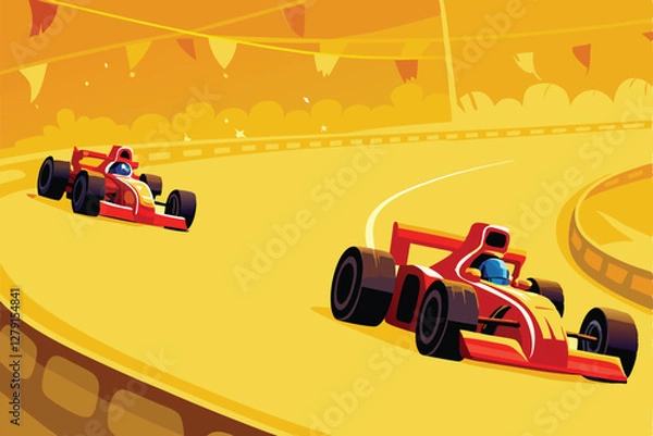Fototapeta Create a vibrant cartoon illustration of multiple race cars speeding around a sharp turn on a winding track.  Emphasis on dynamic movement and bright colors.