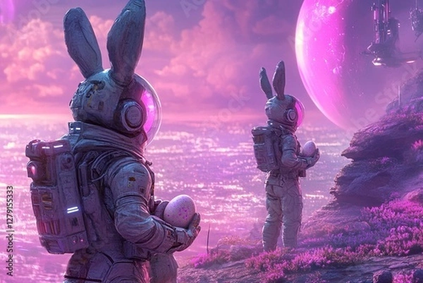 Fototapeta Embark on an astral Easter mission with explorer rabbits in sleek space suits, as they leave digital eggs on the surface of a mysterious, ringed planet.


