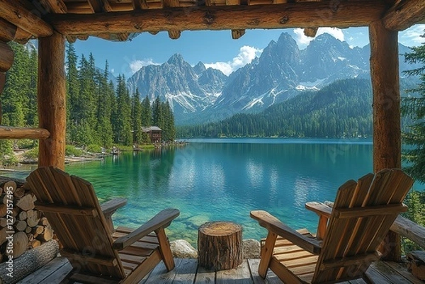 Fototapeta Lakeside Relaxation: A serene view from a wooden porch with chairs overlooking a tranquil lake and majestic mountains