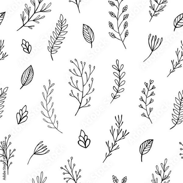 Fototapeta Seamless vector pattern of graphic  floral and herbal elements. Background for greeting card, website, printing on fabric, gift wrap, postcard and wallpapers. 