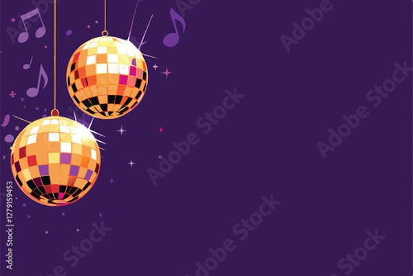 Fototapeta Vibrant, psychedelic illustration of funky disco balls and sparkling musical notes on a dazzling, colorful background.