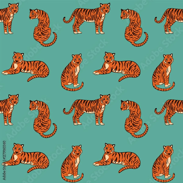 Fototapeta Tropic summer painting seamless pattern with tigers. Vector illustration. Summer decoration print for wrapping, wallpaper, fabric. 