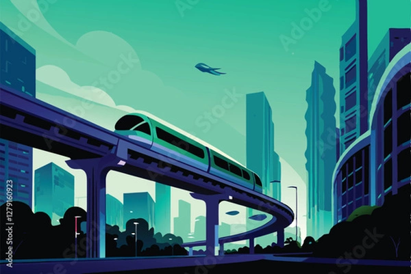 Fototapeta A detailed illustration of a sleek, futuristic monorail speeding through a vibrant, neon-lit cityscape at night.