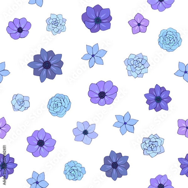Fototapeta Seamless vector pattern of blue flowers. Background for greeting card, website, printing on fabric, gift wrap, postcard and wallpapers. Anemone, phlox flowers.