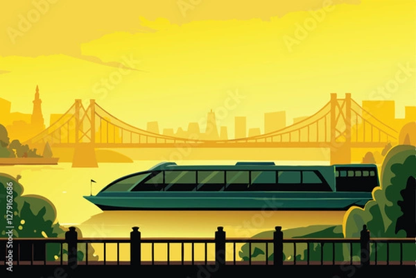 Fototapeta A sleek, modern ferryboat traverses a wide river, passing beneath a majestic bridge on a sunny day.  The scene showcases contemporary architecture and efficient transportation.