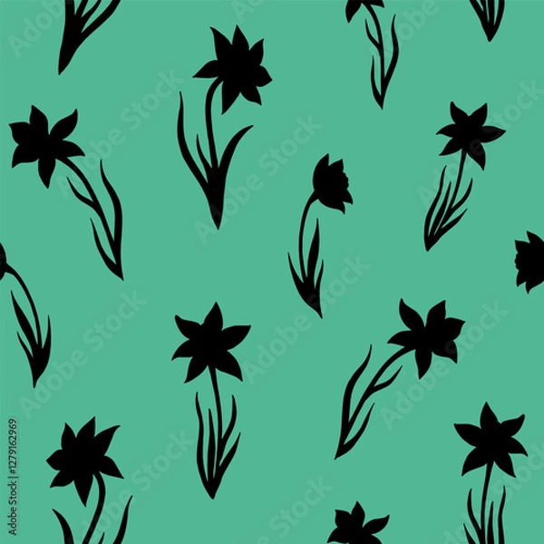 Fototapeta Seamless vector pattern of daffodils flowers. Background for greeting card, website, printing on fabric, gift wrap, postcard and wallpapers. Floral pattern.