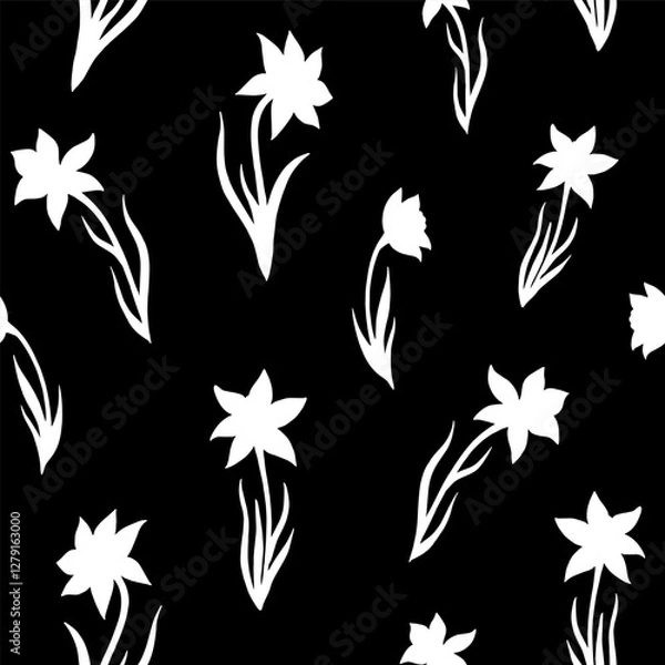 Fototapeta Seamless vector pattern of daffodils flowers. Background for greeting card, website, printing on fabric, gift wrap, postcard and wallpapers. Floral pattern.