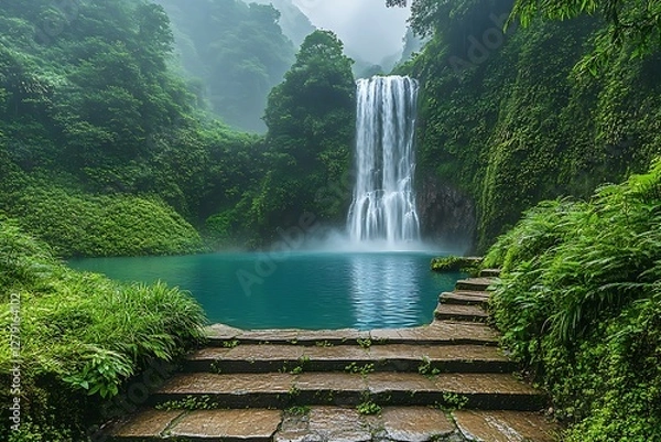 Fototapeta Serene Waterfall Pathway in Lush Forest