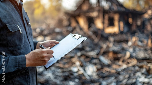 Fototapeta Damage assessment and risk coverage in property insurance, person assessing fire damage with clipboard outdoors