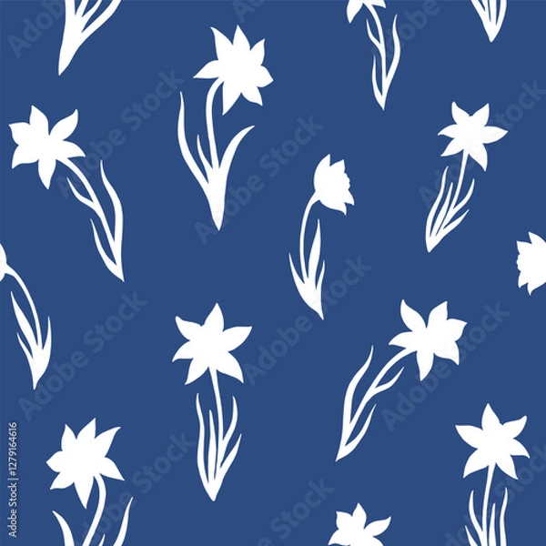 Fototapeta Seamless vector pattern of daffodils flowers. Background for greeting card, website, printing on fabric, gift wrap, postcard and wallpapers. Floral pattern.