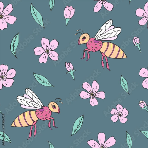 Fototapeta Seamless vector pattern with bees and cherry blossom flowers. Background for greeting card, website, printing on fabric, gift wrap, postcard and wallpapers. 