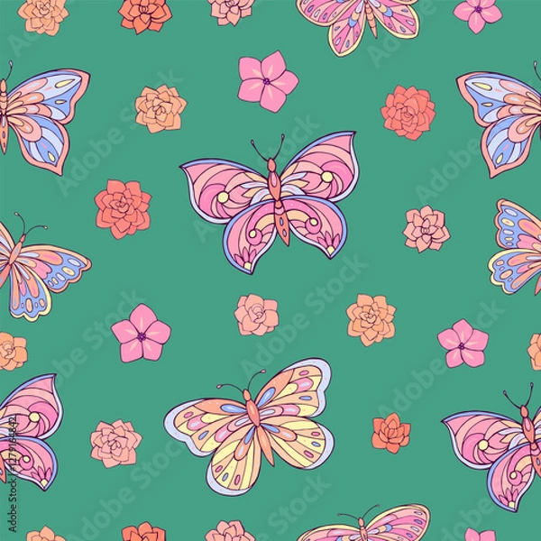 Fototapeta Seamless vector pattern with butterfly and flowers. Decoration print for wrapping, wallpaper, fabric, textile. Spring background.