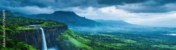Fototapeta Majestic Waterfall Cascading Over Cliff Surrounded by Lush Green Forest and Mountains Under Dramatic Cloudy Sky