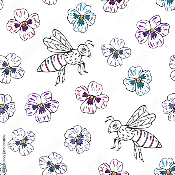 Fototapeta Seamless vector pattern with bees and cherry blossom flowers. Background for greeting card, website, printing on fabric, gift wrap, postcard and wallpapers. 