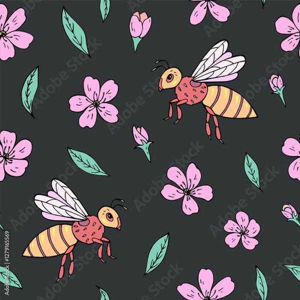 Fototapeta Seamless vector pattern with bees and cherry blossom flowers. Background for greeting card, website, printing on fabric, gift wrap, postcard and wallpapers. 