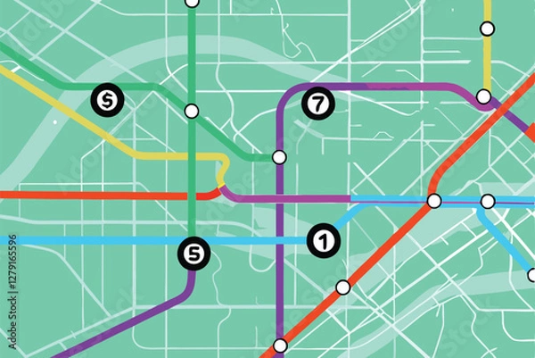 Fototapeta Create a vibrant, detailed urban subway map featuring numerous colorful lines, clearly labeled stations, and a modern aesthetic.  Focus on visual appeal.