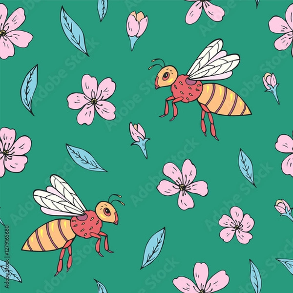 Fototapeta Seamless vector pattern with bees and cherry blossom flowers. Background for greeting card, website, printing on fabric, gift wrap, postcard and wallpapers. 