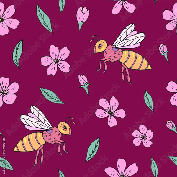 Fototapeta Seamless vector pattern with bees and cherry blossom flowers. Background for greeting card, website, printing on fabric, gift wrap, postcard and wallpapers. 