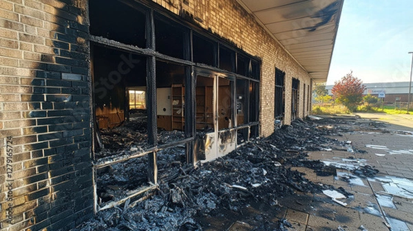 Fototapeta Risk assessment and compensation in property insurance coverage, Burnt building exterior with charred debris and broken windows