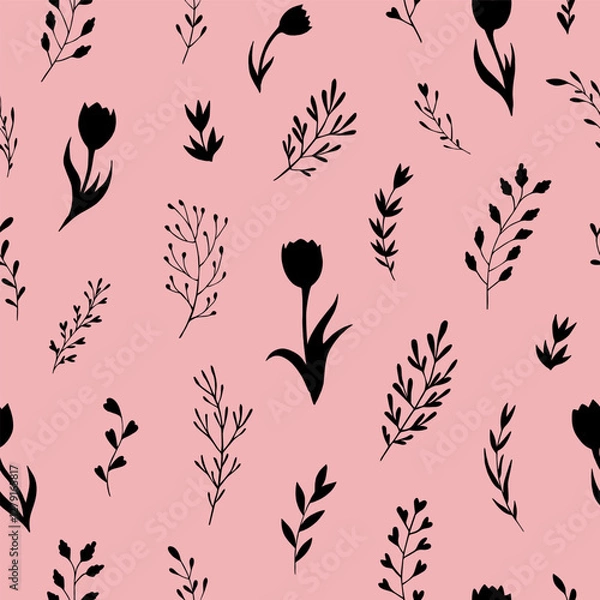 Fototapeta Seamless vector pattern of abstract floral elements. Background for greeting card, website, printing on fabric, gift wrap, postcard and wallpapers. 