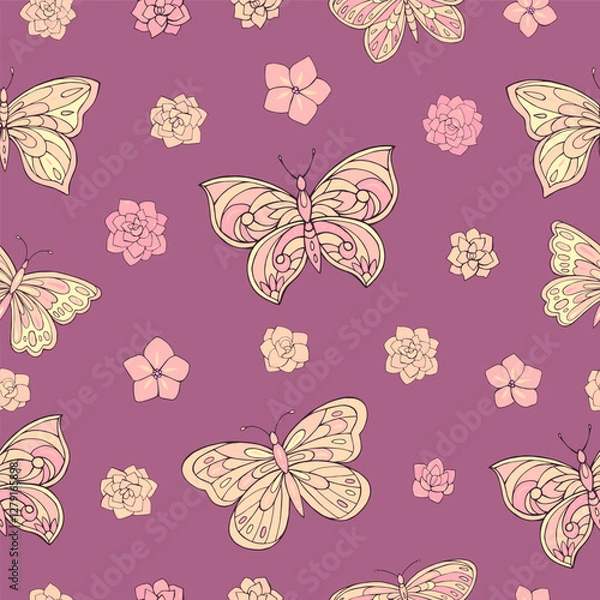 Fototapeta Seamless vector pattern with butterfly and flowers. Decoration print for wrapping, wallpaper, fabric, textile. Spring background.