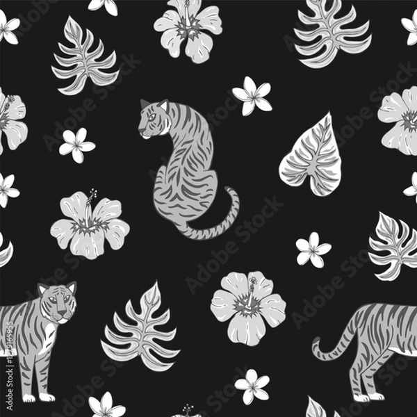 Fototapeta Tropic summer painting seamless pattern with tigers and tropical plants. Vector illustration. Summer decoration print for wrapping, wallpaper, fabric. 