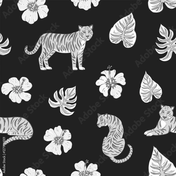 Fototapeta Tropic summer painting seamless pattern with tigers and tropical plants. Vector illustration. Summer decoration print for wrapping, wallpaper, fabric. 