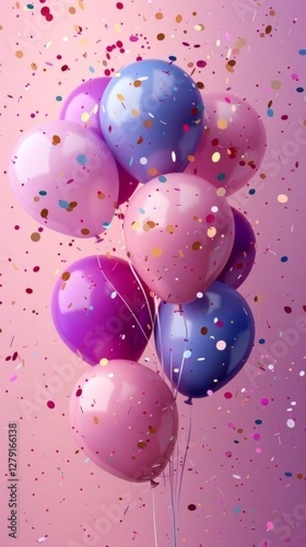Fototapeta Bright background with balloons in pink and blue shades on confetti background, perfect for holiday cards, banners, advertising children's events or parties.