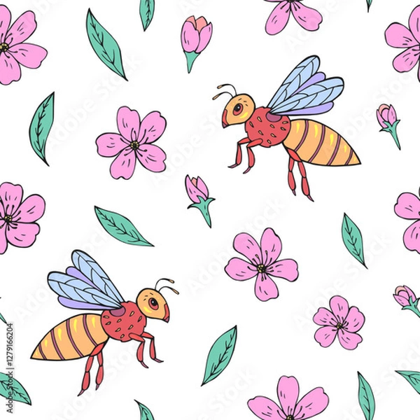 Fototapeta Seamless vector pattern with bees and cherry blossom flowers. Background for greeting card, website, printing on fabric, gift wrap, postcard and wallpapers. 