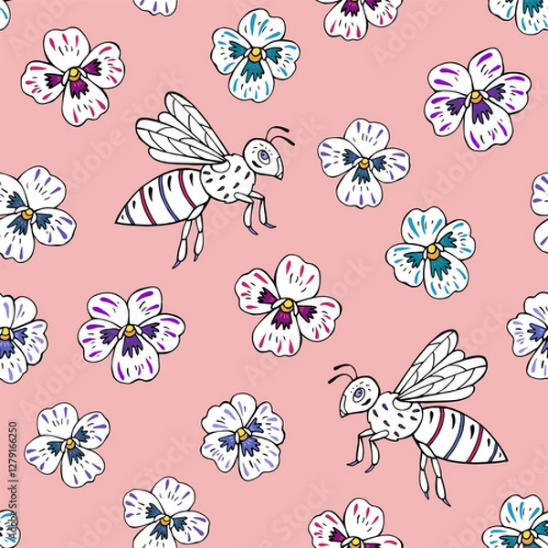 Fototapeta Seamless vector pattern with bees and pansy flowers. Background for greeting card, website, printing on fabric, gift wrap, postcard and wallpapers. 