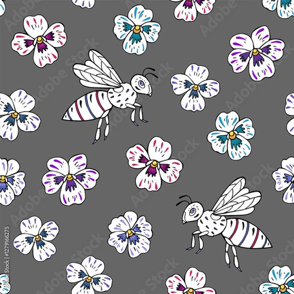 Fototapeta Seamless vector pattern with bees and pansy flowers. Background for greeting card, website, printing on fabric, gift wrap, postcard and wallpapers. 