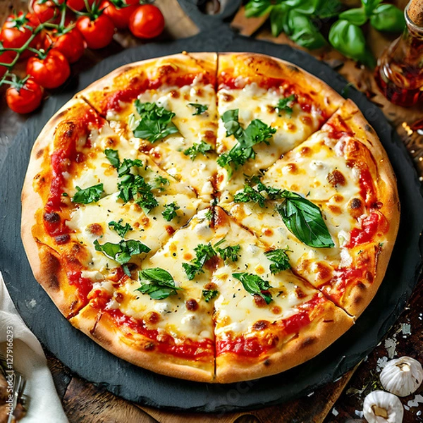Fototapeta Cheese pizza with basil, close-up top view.