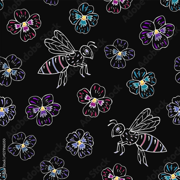 Fototapeta Seamless vector pattern with bees and pansy flowers. Background for greeting card, website, printing on fabric, gift wrap, postcard and wallpapers. 