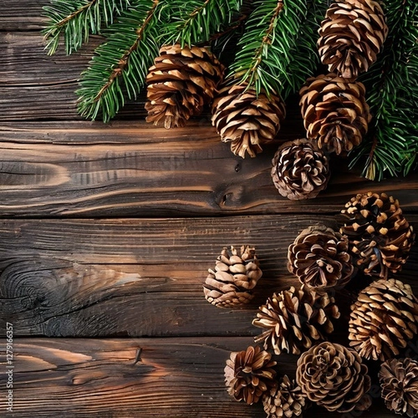 Fototapeta decorative background wooden board pine cones and fir branches. new year empty background.