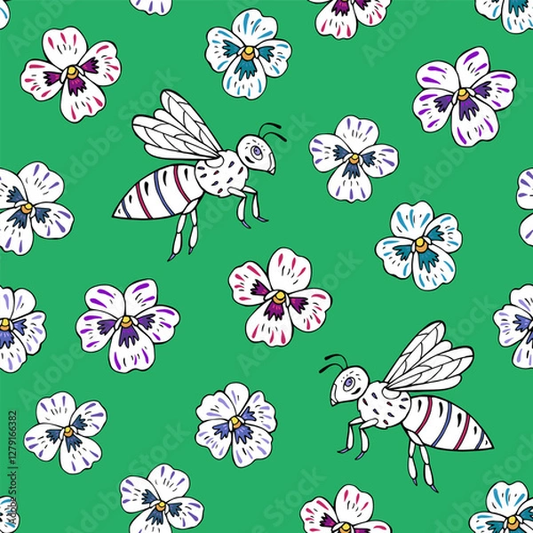 Fototapeta Seamless vector pattern with bees and pansy flowers. Background for greeting card, website, printing on fabric, gift wrap, postcard and wallpapers. 