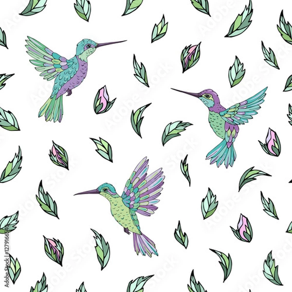 Fototapeta Vector seamless pattern with  hummingbird and floral elements. Decoration print for wrapping, wallpaper, fabric. Seamless vector texture. 