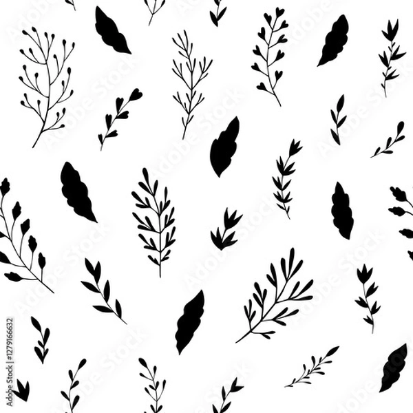 Fototapeta Seamless vector pattern of graphic  floral and herbal elements. Background for greeting card, website, printing on fabric, gift wrap, postcard and wallpapers. 