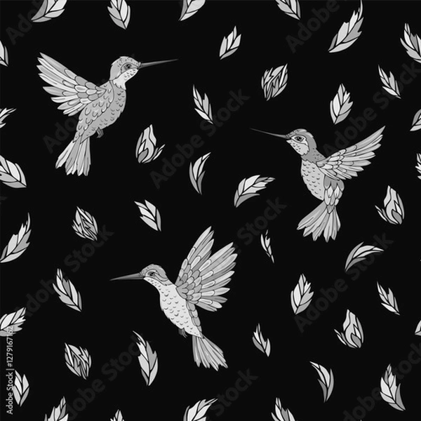 Fototapeta Vector seamless pattern with  hummingbird and floral elements. Decoration print for wrapping, wallpaper, fabric. Seamless vector texture. 