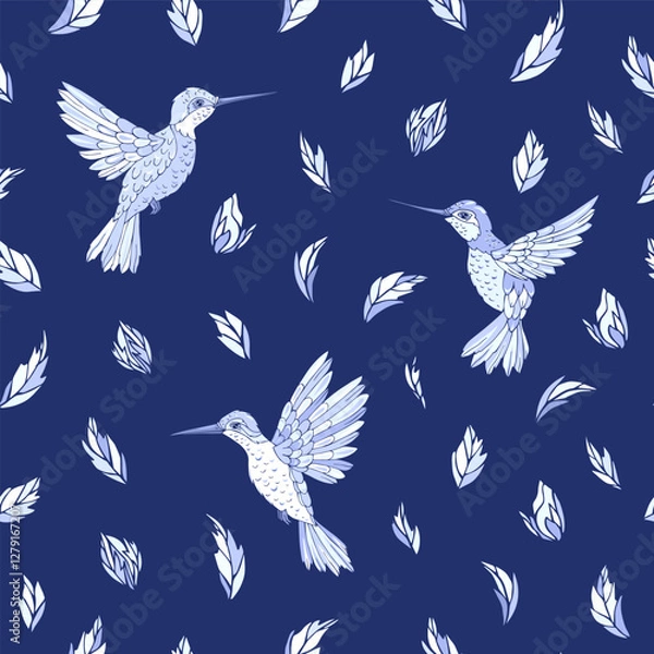 Fototapeta Vector seamless pattern with hummingbird and floral elements. Decoration print for wrapping, wallpaper, fabric. Seamless vector texture. 