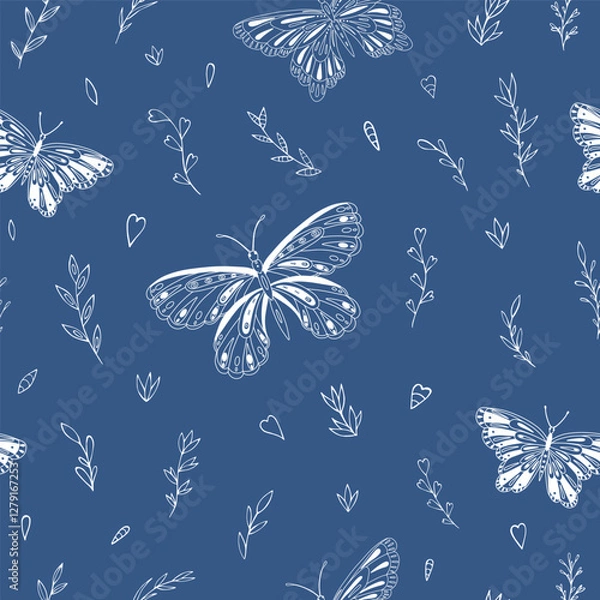 Fototapeta Seamless vector pattern with butterfly and floral elements. Decoration print for wrapping, wallpaper, fabric, textile. 