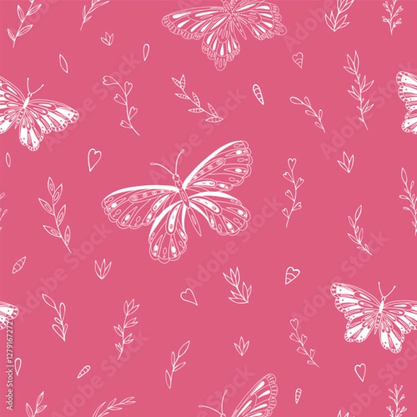 Fototapeta Seamless vector pattern with butterfly and floral elements. Decoration print for wrapping, wallpaper, fabric, textile. 