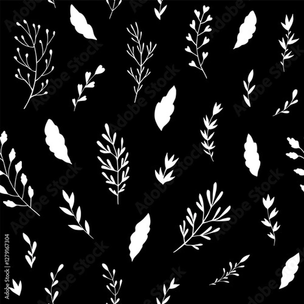 Fototapeta Seamless vector pattern of graphic  floral and herbal elements. Background for greeting card, website, printing on fabric, gift wrap, postcard and wallpapers. 