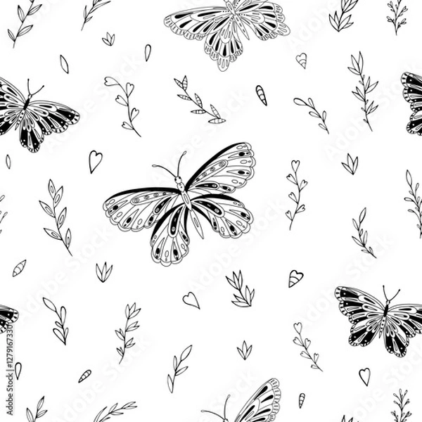 Fototapeta Seamless vector pattern with butterfly and floral elements. Decoration print for wrapping, wallpaper, fabric, textile. 