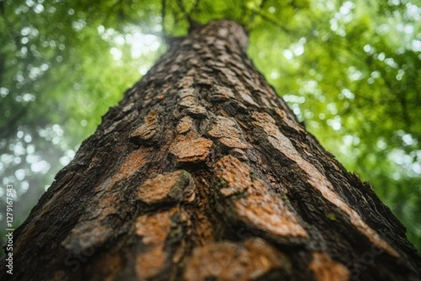 Obraz Close-up view of a tree trunk, showcasing its rough texture and the surrounding lush green foliage.