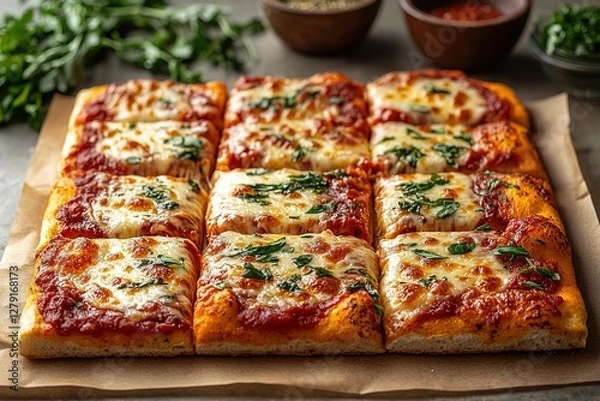 Fototapeta Square cut pizza topped with tomato sauce and cheese some pieces garnished with herbs for a rustic and flavorful experience