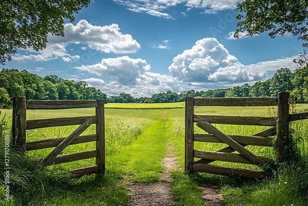 Fototapeta Rustic Wooden Gate Opens to a Lush Green Field Under a Cloudy Sky