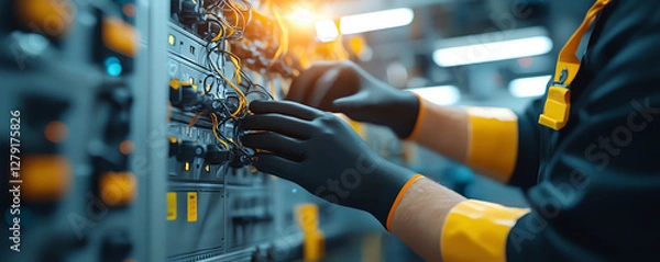 Obraz technician wearing black nitrile gloves works electrical equipment, focusing wiring and connections modern industrial setting. environment is well lit and organized, showcasing precision and