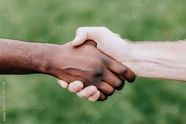 Fototapeta A powerful image of a handshake between two individuals, showcasing unity, trust, and equality. The diversity of skin tones represents the strength of togetherness