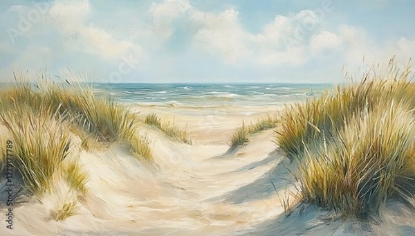 Fototapeta A serene beach scene with sand dunes and tall grasses, showcasing the beauty of coastal landscapes