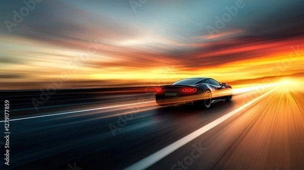Fototapeta Sunset Drive: A Fast Car speeding on a Highway at Sunset